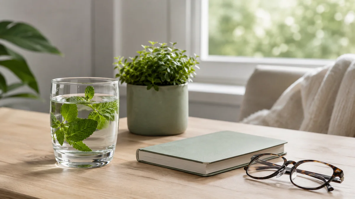 Copo de água com hortelã, livro e óculos numa mesa serena, simbolizando pausa e clareza diante da ansiedade e do estresse