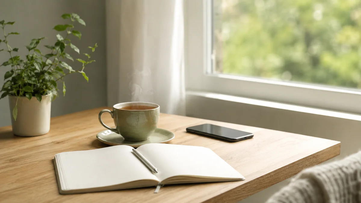 Mesa junto à janela com xícara de chá, caderno e celular em luz natural suave, representando um momento de autocuidado e pausa