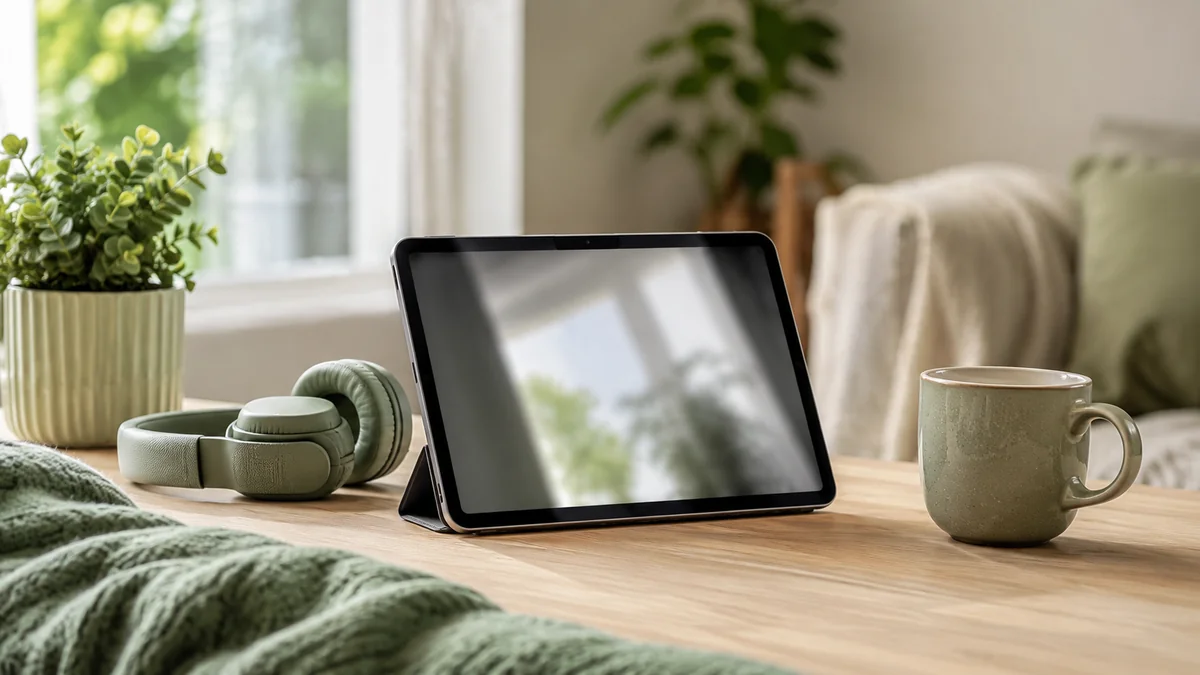 Tablet com fone de ouvido e caneca numa mesa aconchegante, pronto para uma sessão de terapia online