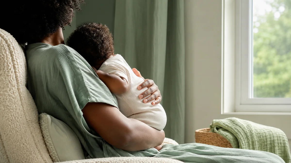 Mãe segurando o bebê junto à janela em luz natural suave, em tom acolhedor, representando a saúde mental na maternidade