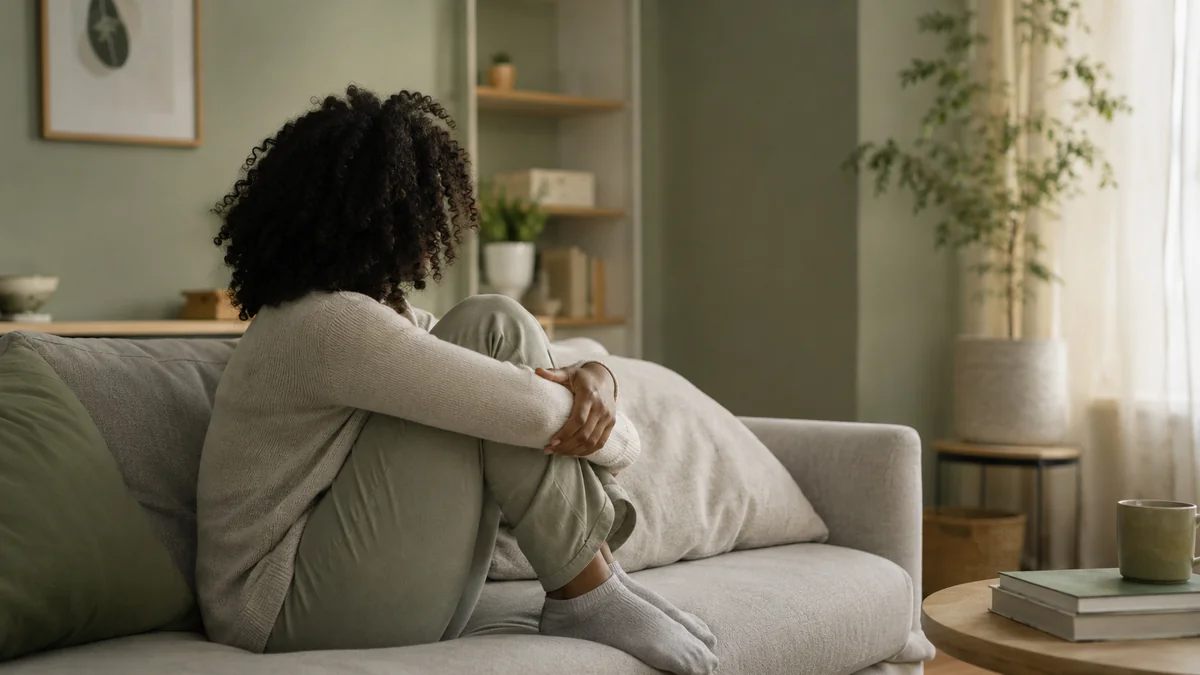Mulher sentada sozinha no sofá em luz suave, abraçada às próprias pernas, em tom de introspecção e solidão