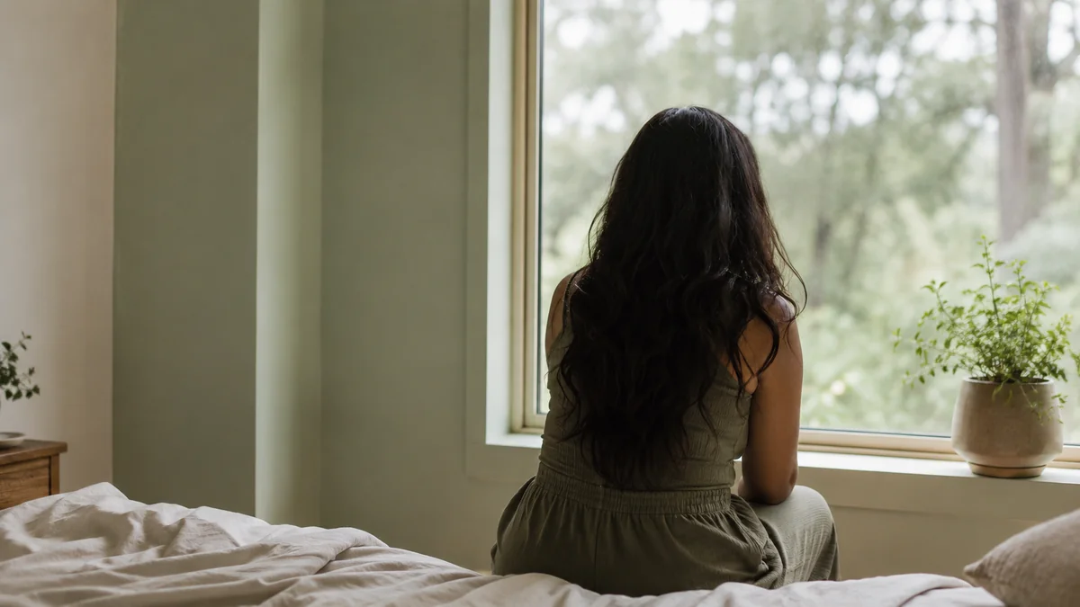 Mulher de costas sentada junto à janela com luz natural suave, em ambiente calmo, representando o cansaço e o recolhimento da depressão