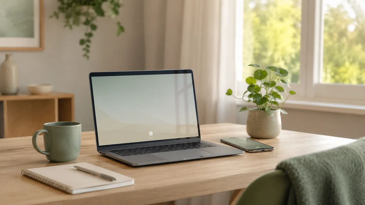 Notebook e celular sobre uma mesa com luz natural, representando a escolha entre terapia online ou presencial