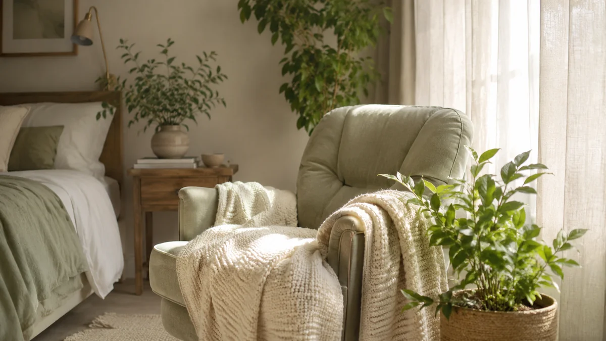 Quarto aconchegante com poltrona, manta e plantas sob luz suave, simbolizando acolhimento no tratamento da depressão