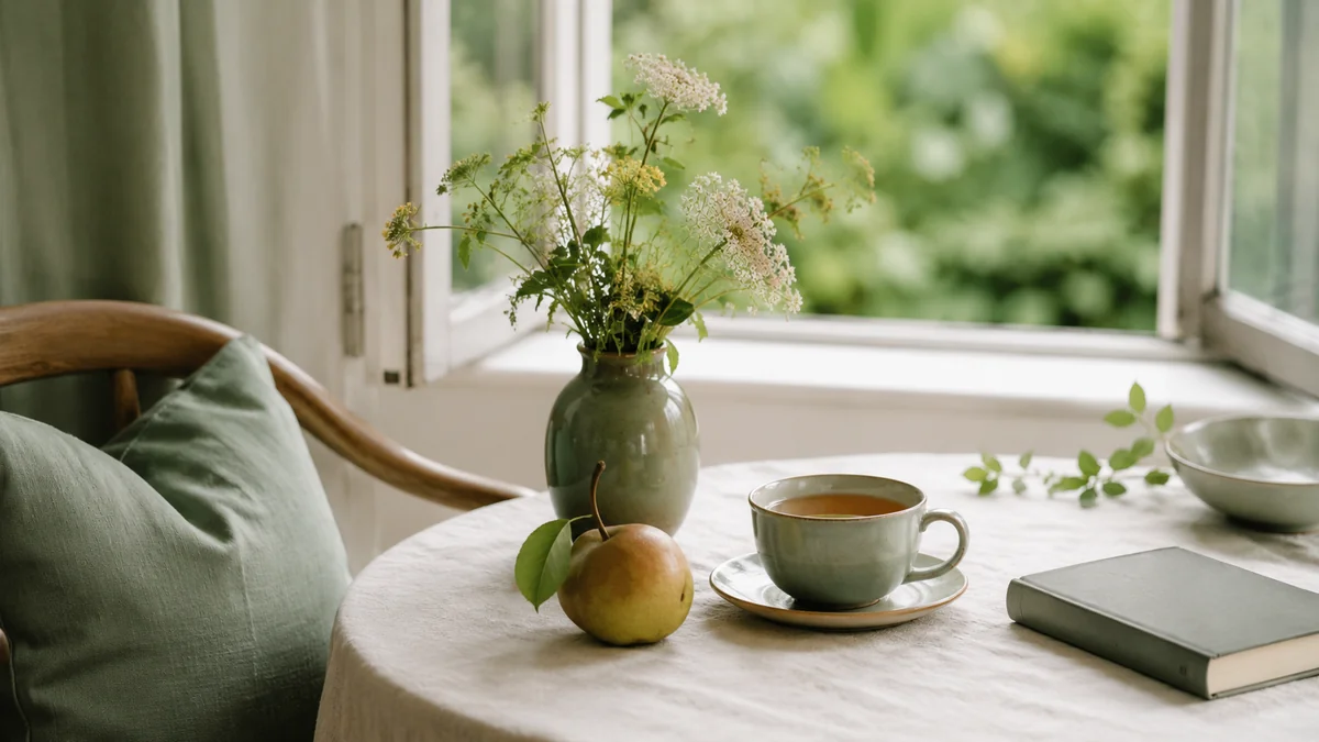Mesa tranquila com chá, flores e caderno junto à janela, simbolizando um tempo de cuidado para a mulher